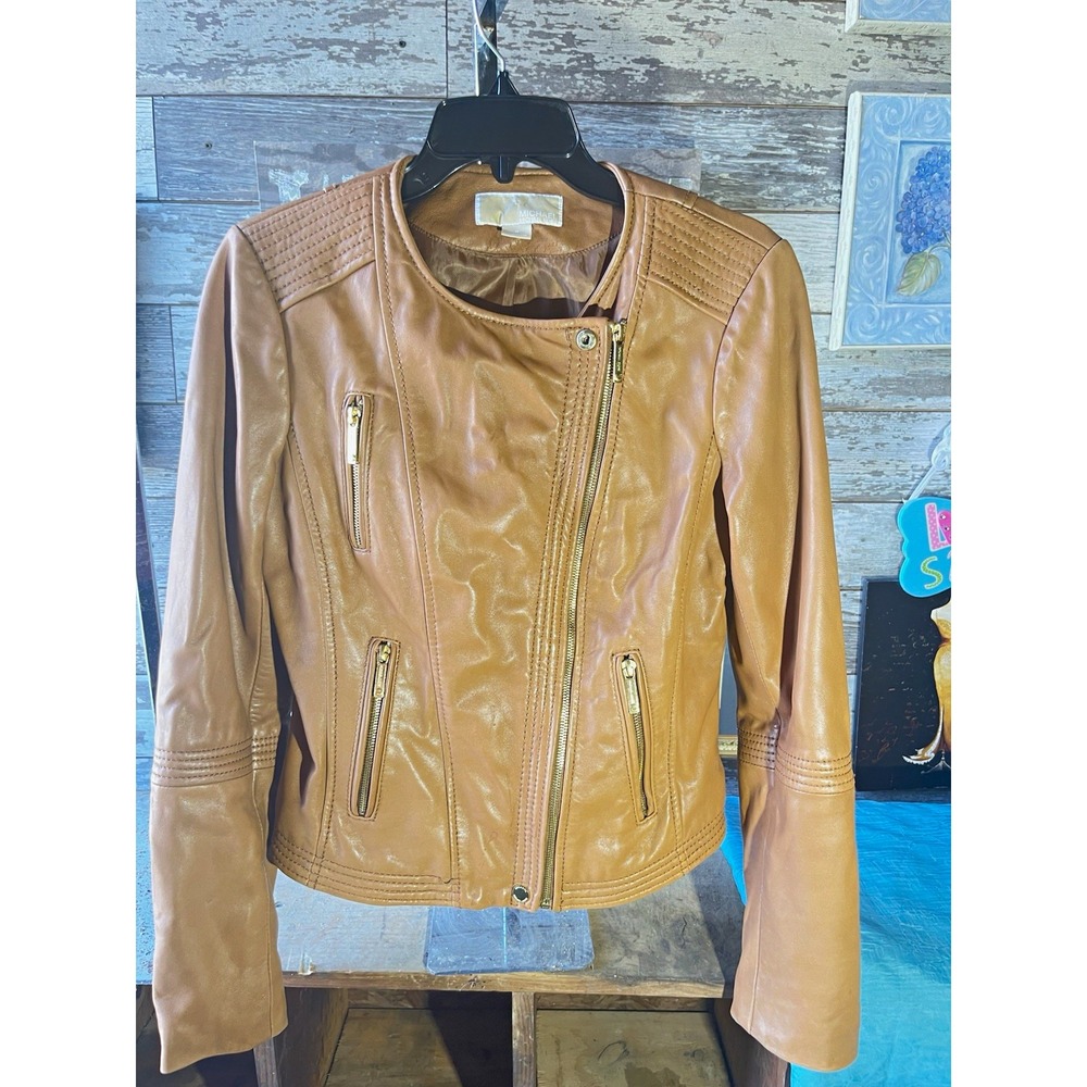 Michael Kors Women's Brown Moto Biker Jacket Zip Quilted Lined M